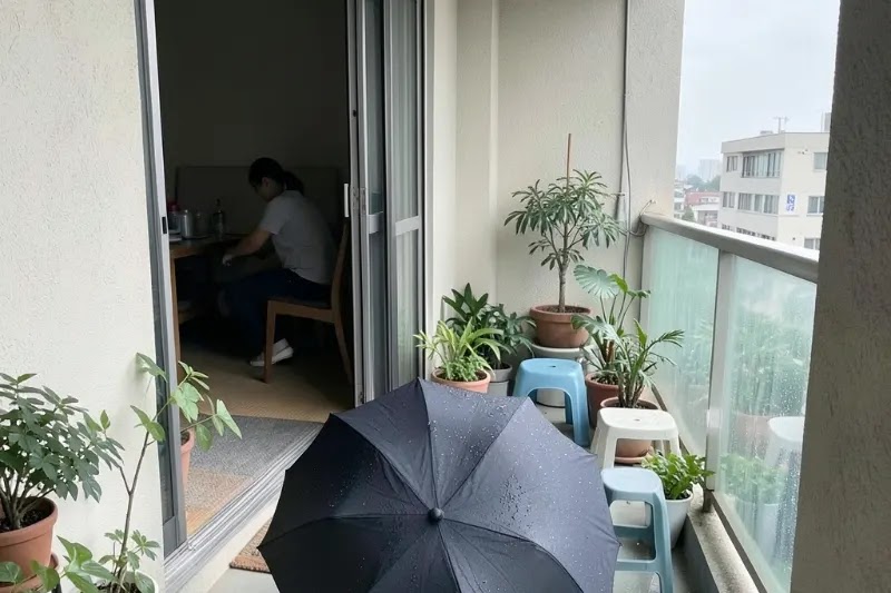 우산 그늘에서 말리기
