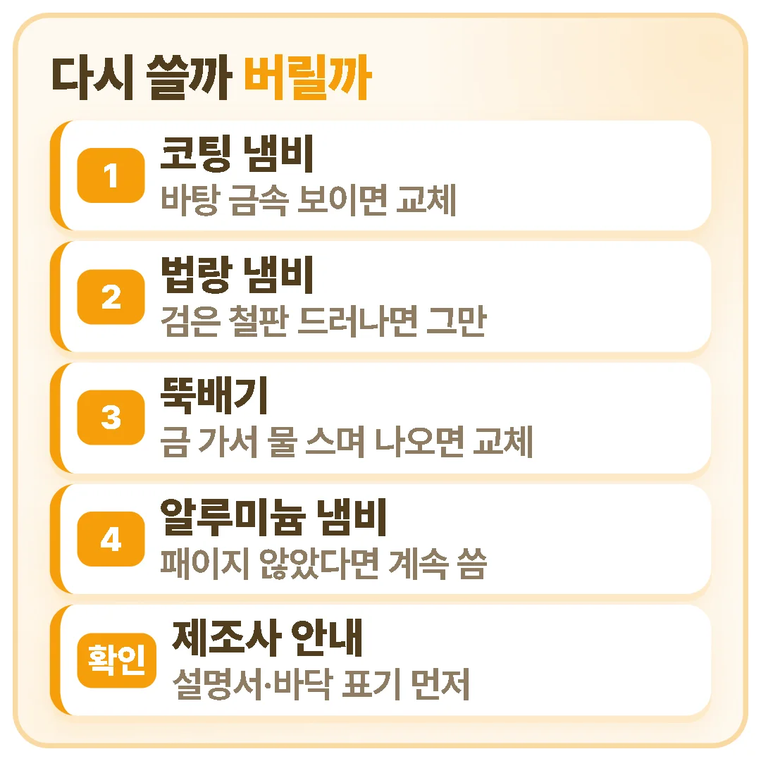 냄비는 탄 자국보다 표면 상태로 판단해 코팅이 벗겨지거나 법랑 철판이 드러나거나 뚝배기에 금이 가면 교체하고, 알루미늄은 패이지 않았다면 계속 쓰며 제조사 안내를 먼저 확인한다.